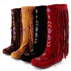 Women's Brown Fringe Knee-High Boots – Tribal Embroidered Bohemian Western Style, Perfect for Music Festivals, Rodeo Events, and Casual Outdoor Wear