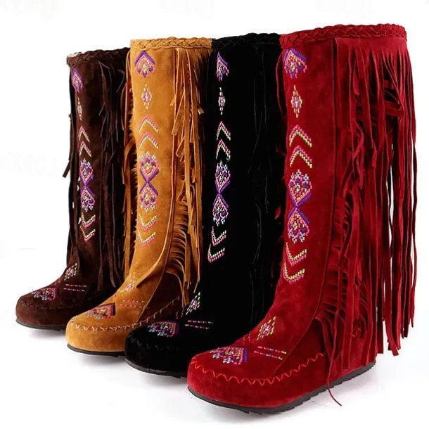 Women's Brown Fringe Knee-High Boots – Tribal Embroidered Bohemian Western Style, Perfect for Music Festivals, Rodeo Events, and Casual Outdoor Wear