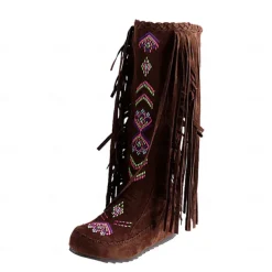 Women's Brown Fringe Knee-High Boots – Tribal Embroidered Bohemian Western Style, Perfect for Music Festivals, Rodeo Events, and Casual Outdoor Wear