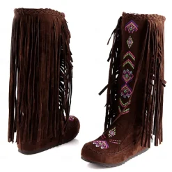 Women's Brown Fringe Knee-High Boots – Tribal Embroidered Bohemian Western Style, Perfect for Music Festivals, Rodeo Events, and Casual Outdoor Wear