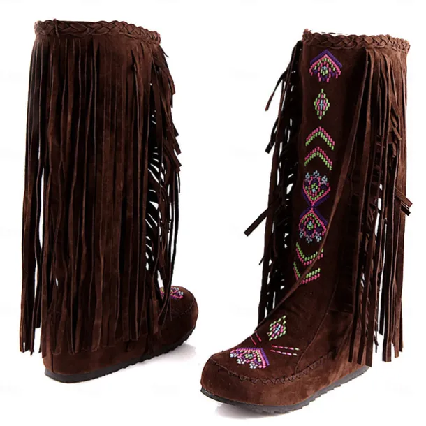 Women's Brown Fringe Knee-High Boots – Tribal Embroidered Bohemian Western Style, Perfect for Music Festivals, Rodeo Events, and Casual Outdoor Wear