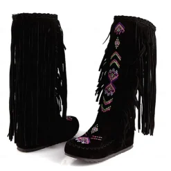Women's Brown Fringe Knee-High Boots – Tribal Embroidered Bohemian Western Style, Perfect for Music Festivals, Rodeo Events, and Casual Outdoor Wear