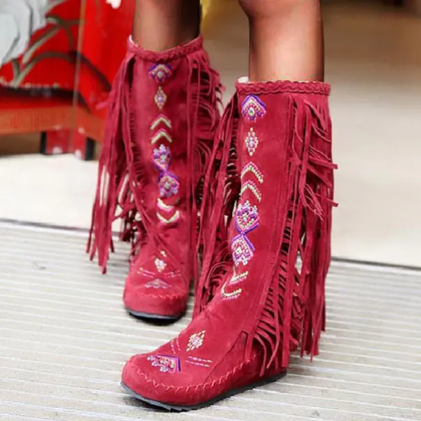 Women's Brown Fringe Knee-High Boots – Tribal Embroidered Bohemian Western Style, Perfect for Music Festivals, Rodeo Events, and Casual Outdoor Wear
