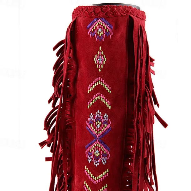 Women's Brown Fringe Knee-High Boots – Tribal Embroidered Bohemian Western Style, Perfect for Music Festivals, Rodeo Events, and Casual Outdoor Wear
