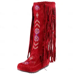Women's Brown Fringe Knee-High Boots – Tribal Embroidered Bohemian Western Style, Perfect for Music Festivals, Rodeo Events, and Casual Outdoor Wear