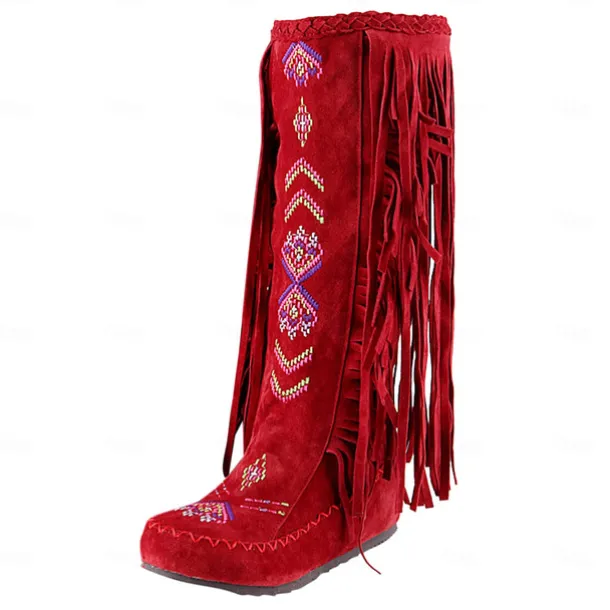 Women's Brown Fringe Knee-High Boots – Tribal Embroidered Bohemian Western Style, Perfect for Music Festivals, Rodeo Events, and Casual Outdoor Wear
