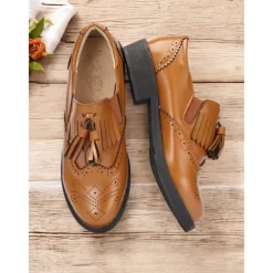 Women's Brown Loafers with Brogue Detailing, Fringe, and Tassel Accents – Classic Vintage-Inspired Footwear for Casual and Office Wear