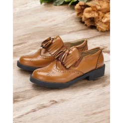Women's Brown Loafers with Brogue Detailing, Fringe, and Tassel Accents – Classic Vintage-Inspired Footwear for Casual and Office Wear