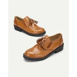 Women's Brown Loafers with Brogue Detailing, Fringe, and Tassel Accents – Classic Vintage-Inspired Footwear for Casual and Office Wear
