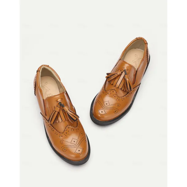 Women's Brown Loafers with Brogue Detailing, Fringe, and Tassel Accents – Classic Vintage-Inspired Footwear for Casual and Office Wear
