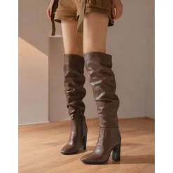 Women's Brown Over The Knee Slouchy Boots - Chunky Heel, Pointed Toe, Stylish Casual Fall and Winter Footwear