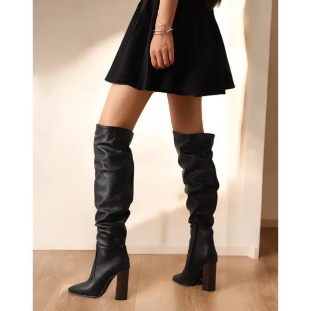Women's Brown Over The Knee Slouchy Boots - Chunky Heel, Pointed Toe, Stylish Casual Fall and Winter Footwear