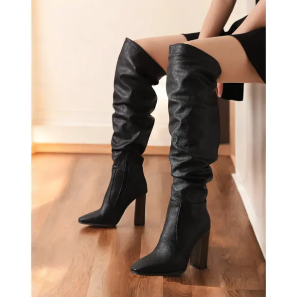 Women's Brown Over The Knee Slouchy Boots - Chunky Heel, Pointed Toe, Stylish Casual Fall and Winter Footwear