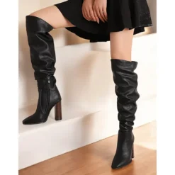 Women's Brown Over The Knee Slouchy Boots - Chunky Heel, Pointed Toe, Stylish Casual Fall and Winter Footwear