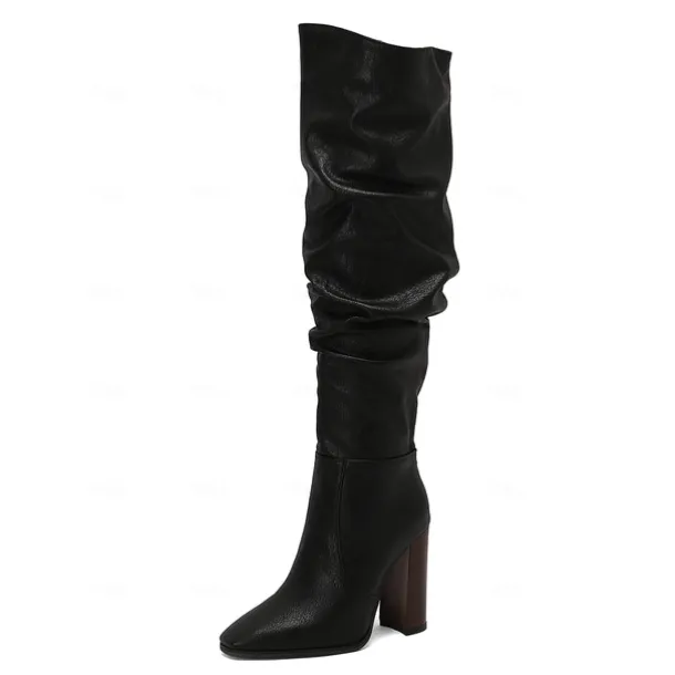 Women's Brown Over The Knee Slouchy Boots - Chunky Heel, Pointed Toe, Stylish Casual Fall and Winter Footwear