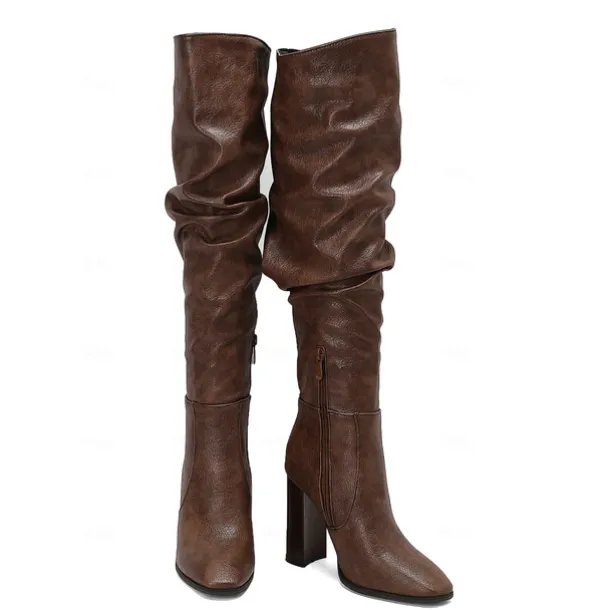 Women's Brown Over The Knee Slouchy Boots - Chunky Heel, Pointed Toe, Stylish Casual Fall and Winter Footwear