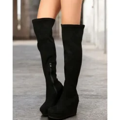 Women's Brown Over-the-Knee Wedge Boots with Side Zipper – Faux Suede Texture and Comfortable Platform for Casual and Stylish Outfits