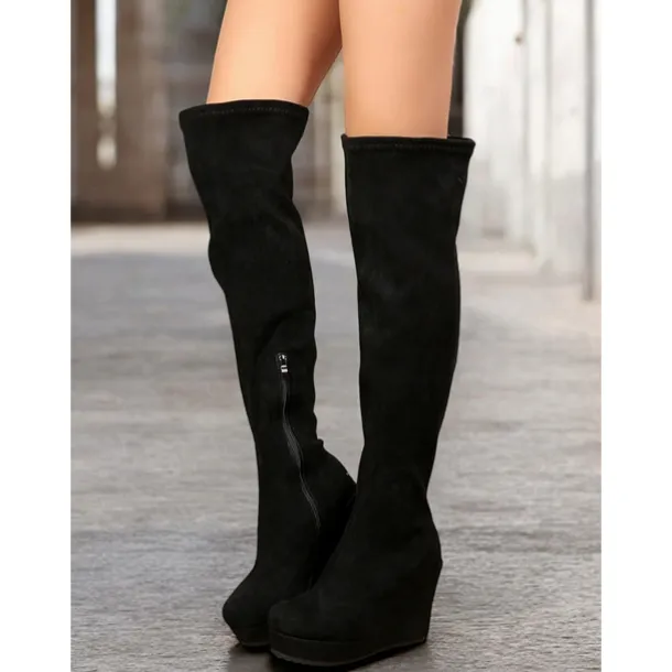 Women's Brown Over-the-Knee Wedge Boots with Side Zipper – Faux Suede Texture and Comfortable Platform for Casual and Stylish Outfits