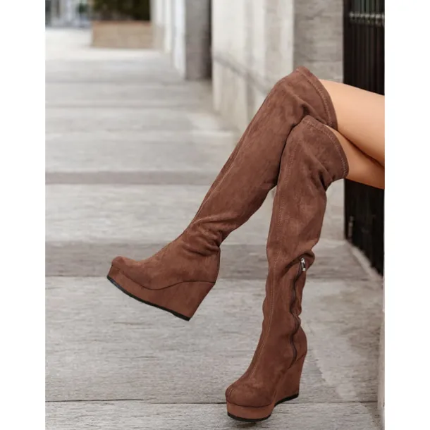 Women's Brown Over-the-Knee Wedge Boots with Side Zipper – Faux Suede Texture and Comfortable Platform for Casual and Stylish Outfits