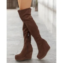 Women's Brown Over-the-Knee Wedge Boots with Side Zipper – Faux Suede Texture and Comfortable Platform for Casual and Stylish Outfits
