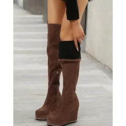 Women's Brown Over-the-Knee Wedge Boots with Side Zipper – Faux Suede Texture and Comfortable Platform for Casual and Stylish Outfits
