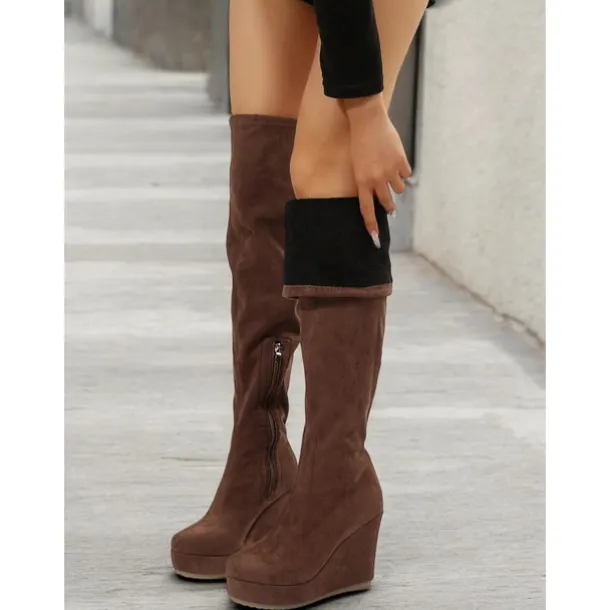 Women's Brown Over-the-Knee Wedge Boots with Side Zipper – Faux Suede Texture and Comfortable Platform for Casual and Stylish Outfits