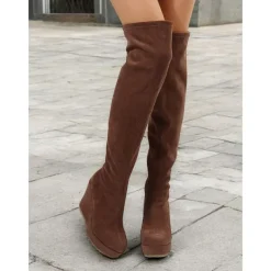 Women's Brown Over-the-Knee Wedge Boots with Side Zipper – Faux Suede Texture and Comfortable Platform for Casual and Stylish Outfits