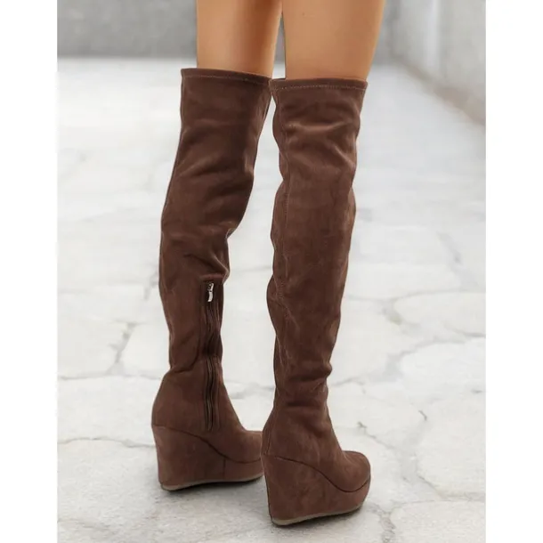 Women's Brown Over-the-Knee Wedge Boots with Side Zipper – Faux Suede Texture and Comfortable Platform for Casual and Stylish Outfits