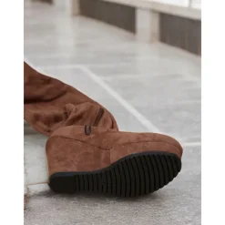 Women's Brown Over-the-Knee Wedge Boots with Side Zipper – Faux Suede Texture and Comfortable Platform for Casual and Stylish Outfits