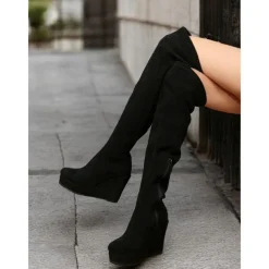 Women's Brown Over-the-Knee Wedge Boots with Side Zipper – Faux Suede Texture and Comfortable Platform for Casual and Stylish Outfits