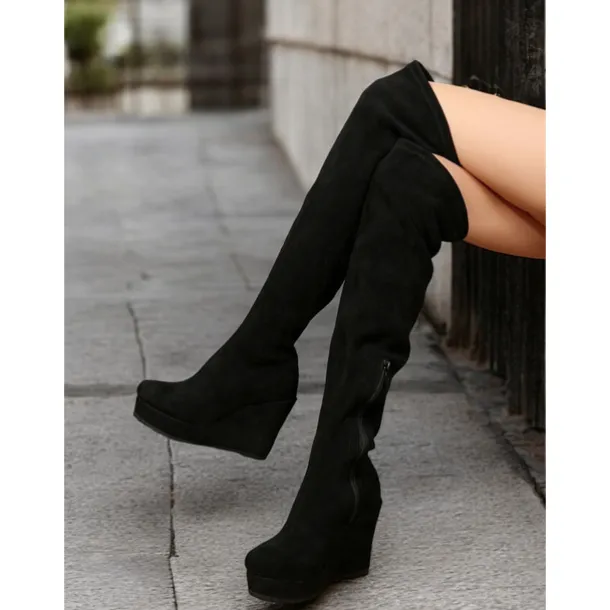 Women's Brown Over-the-Knee Wedge Boots with Side Zipper – Faux Suede Texture and Comfortable Platform for Casual and Stylish Outfits