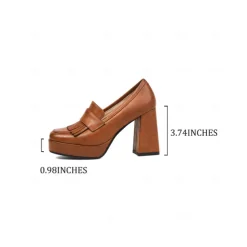 Women's Brown Platform Loafer Heels with Tassel Fringe – Retro Chunky Block High Heel Shoes for Casual and Party Wear