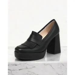 Women's Brown Platform Loafer Heels with Tassel Fringe – Retro Chunky Block High Heel Shoes for Casual and Party Wear