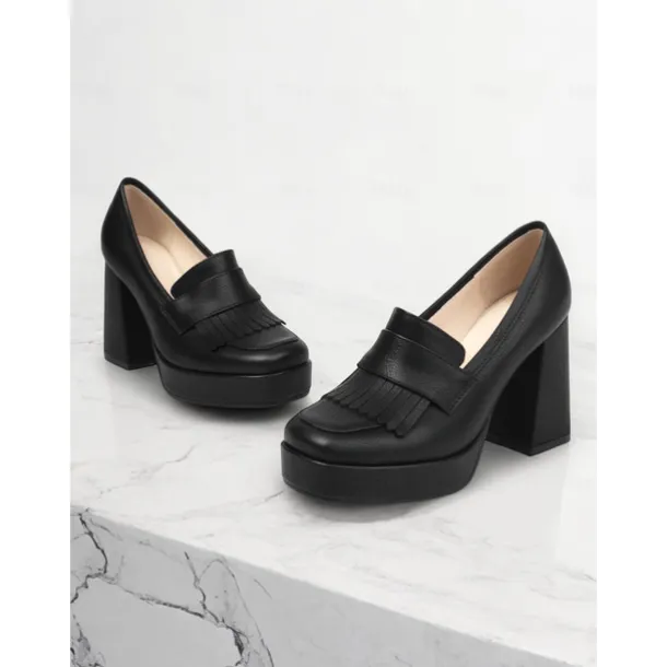 Women's Brown Platform Loafer Heels with Tassel Fringe – Retro Chunky Block High Heel Shoes for Casual and Party Wear