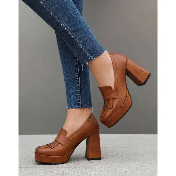 Women's Brown Platform Loafer Heels with Tassel Fringe – Retro Chunky Block High Heel Shoes for Casual and Party Wear