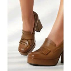Women's Brown Platform Loafer Heels with Tassel Fringe – Retro Chunky Block High Heel Shoes for Casual and Party Wear