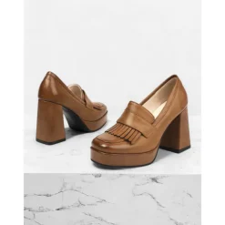 Women's Brown Platform Loafer Heels with Tassel Fringe – Retro Chunky Block High Heel Shoes for Casual and Party Wear