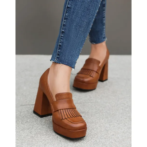 Women's Brown Platform Loafer Heels with Tassel Fringe – Retro Chunky Block High Heel Shoes for Casual and Party Wear