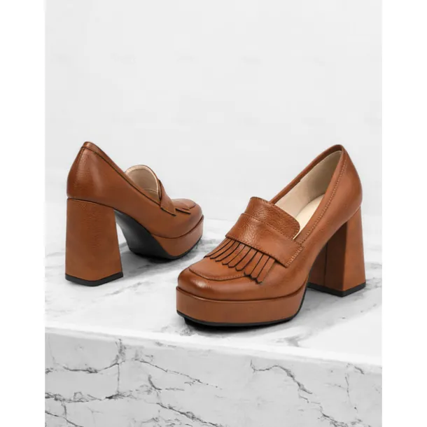 Women's Brown Platform Loafer Heels with Tassel Fringe – Retro Chunky Block High Heel Shoes for Casual and Party Wear