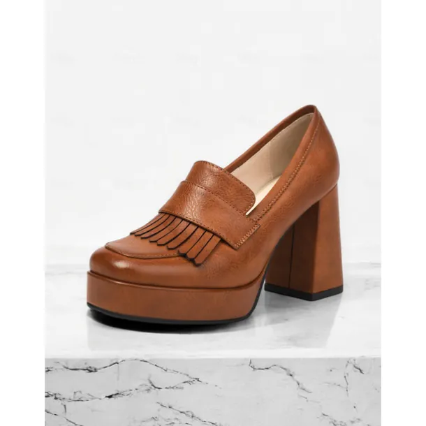 Women's Brown Platform Loafer Heels with Tassel Fringe – Retro Chunky Block High Heel Shoes for Casual and Party Wear