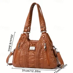 Women's Brown Quilted Faux Leather Handbag – Stylish Zippered Tote with Braided Detailing & Adjustable Strap for Work, Travel & Casual Outings