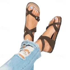 Women's Brown Strappy Flat Sandals – Comfortable Cork Sole with Adjustable Buckle, Casual Summer Beach Footwear