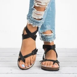 Women's Brown Strappy Flat Sandals – Comfortable Cork Sole with Adjustable Buckle, Casual Summer Beach Footwear