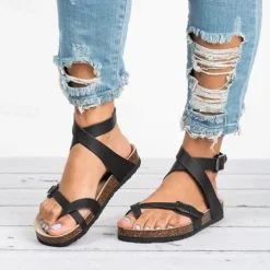 Women's Brown Strappy Flat Sandals – Comfortable Cork Sole with Adjustable Buckle, Casual Summer Beach Footwear