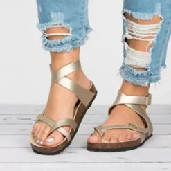 Women's Brown Strappy Flat Sandals – Comfortable Cork Sole with Adjustable Buckle, Casual Summer Beach Footwear