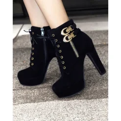 Women's Brown Suede Ankle Boots - Lace-Up Design with Gold Buckle and Zipper Details, Platform High Heel Shoes for Stylish Casual and Party Looks