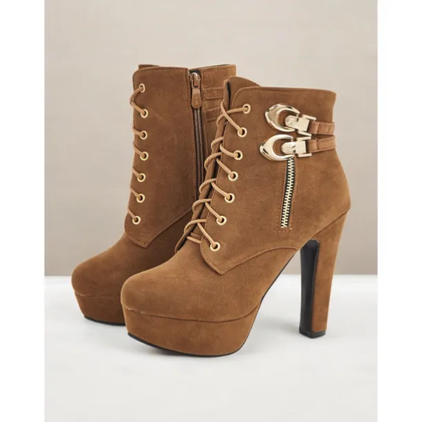 Women's Brown Suede Ankle Boots - Lace-Up Design with Gold Buckle and Zipper Details, Platform High Heel Shoes for Stylish Casual and Party Looks