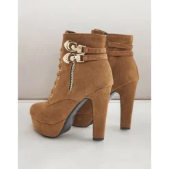 Women's Brown Suede Ankle Boots - Lace-Up Design with Gold Buckle and Zipper Details, Platform High Heel Shoes for Stylish Casual and Party Looks