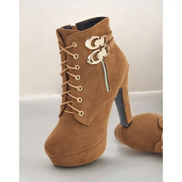Women's Brown Suede Ankle Boots - Lace-Up Design with Gold Buckle and Zipper Details, Platform High Heel Shoes for Stylish Casual and Party Looks