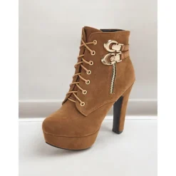 Women's Brown Suede Ankle Boots - Lace-Up Design with Gold Buckle and Zipper Details, Platform High Heel Shoes for Stylish Casual and Party Looks
